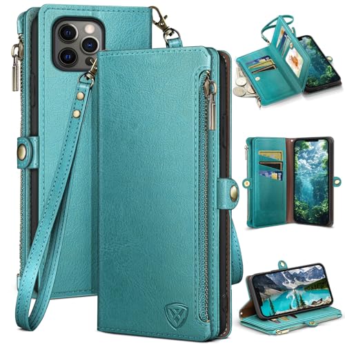XcaseBar for iPhone 13 Pro 6.1" Wallet case with Zipper Credit Card Holder【RFID Blocking】, Flip Folio Book PU Leather Phone case Shockproof Cover Women Men for Apple 13 Pro case Blue Green - color: Blue Green