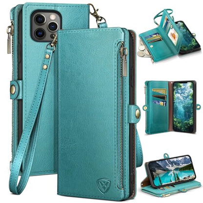 XcaseBar for iPhone 13 Pro 6.1" Wallet case with Zipper Credit Card Holder【RFID Blocking】, Flip Folio Book PU Leather Phone case Shockproof Cover Women Men for Apple 13 Pro case Blue Green - color: Blue Green
