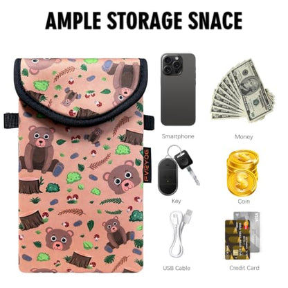 Neoprene Phone Sleeve Pouch Case Bag for Men Women w/Crossbody Strap/Neck Lanyard for iPhone 17/16/15/14 Pro Max, Samsung S25，Pixel 10 - color: Bear Woodland
