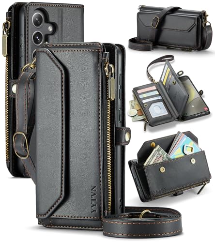 for Samsung Galaxy S23 FE Wallet Case with Card Holder, Black | RFID Blocking Slots, Crossbody Lanyard, Wrist Strap, Zipper Pocket Purse Handbag, Magnetic Closure - color: Black, size: Galxay S23 FE