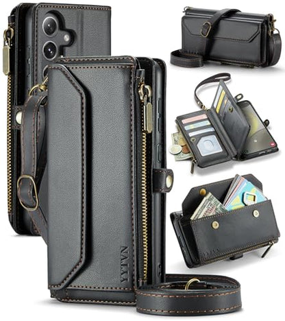 for Samsung Galaxy S23 FE Wallet Case with Card Holder, Black | RFID Blocking Slots, Crossbody Lanyard, Wrist Strap, Zipper Pocket Purse Handbag, Magnetic Closure - color: Black, size: Galxay S23 FE