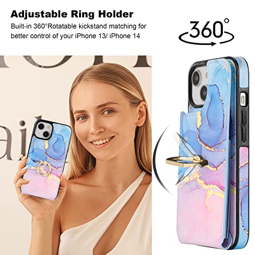 HAOPINSH for iPhone 13/ iPhone 14 Wallet Case with Card Holder, 360°Rotation Ring Kickstand, Pink Blue Marble Pattern, RFID Blocking Leather for Girls Women, Double Buttons Protective Cover 6.1" - color: Pink Blue Marble