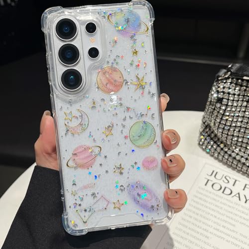 Changjia for Samsung Galaxy S26 Ultra Clear Glitter Case,Cute Bling Sparkle Planet Space Stars Moon Universe Pattern Soft TPU Silicone Shockproof Women Girls Protective Case for Galaxy S26 Ultra,Clear - size: for Samsung Galaxy S26 Ultra 6.9"