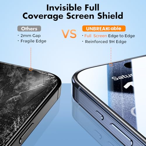 UNBREAKcable 3-Pack Screen Protector for iPhone 15 Pro Max, Double Shatterproof Tempered Glass [Easy Installation Frame] [HD Clear] [9H Hardness] [Full Coverage] for iPhone 6.7 inch - size: iPhone 15 Pro Max