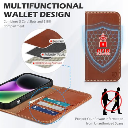 SHIELDON Genuine Leather Flip Wallet Case for iPhone 14 6.1", Retro Brown | Magnetic Closure, RFID Blocking, Credit Card Holder, Kickstand, Flip Design, Shockproof Protective Cover - color: Blown - Retro