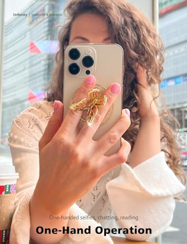 Doflyesky 2025 Upgrade Magnetic Phone Grip Compatible with MagSafe, Butterfly Phone Grip Holder Finger Kickstand for MagSafe, Adapter Ring for Included (Gold Purple)