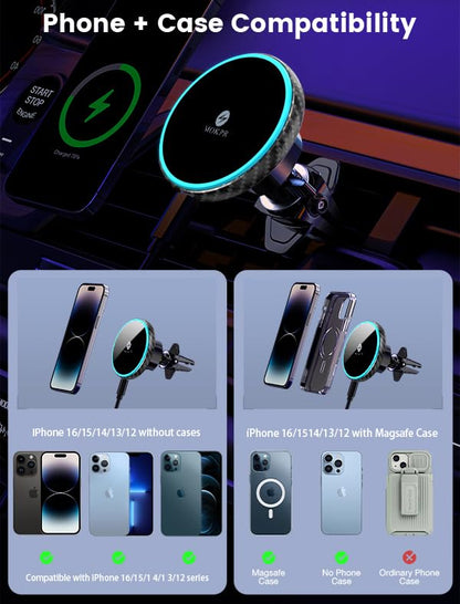 for Magsafe Car Mount Charger 15W LED RGB Car Phone Holder for Dash Vent - color: Carbon Fiber