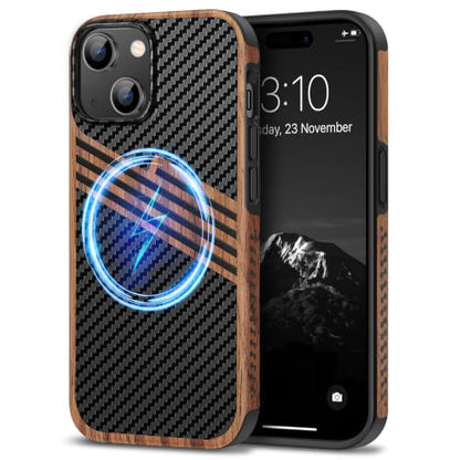 TENDLIN Magnetic Case Compatible with iPhone 15 Case Wood Grain with Carbon Fiber Texture Design Leather Hybrid Slim Cover (Compatible with MagSafe) Three Stripe - color: Magnetic Three Stripe, size: iPhone 15