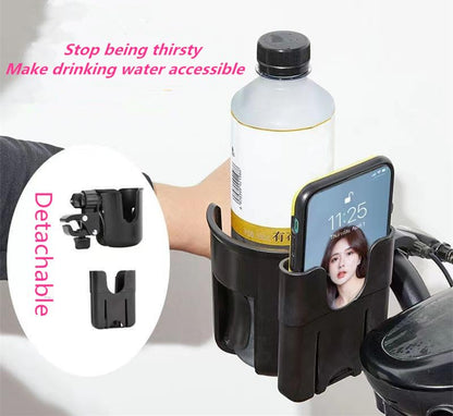 Universal Stroller Cup Holder with Phone Mount – 2-in-1 Adjustable Drink Caddy for Bikes, Walkers & Scooters – Secure Stroller Attachment for Coffee, Water Bottle & Smartphone