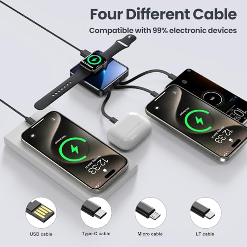 Mini Portable Charger for iWatch 12000mAh, Power Bank with Built-in Cables - color: Shiny Black
