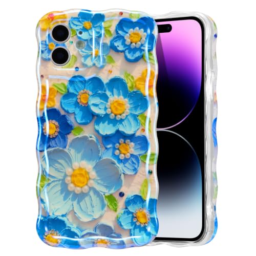 EYZUTAK Case for iPhone 11, Colorful Retro Oil Painting Print Flower, Blue | Laser Glossy Floral Pattern, Cute Curly Wave Edge, Exquisite Phone Cover, Stylish Durable TPU Protective Case for Girl Women - color: Blue, size: iPhone 11