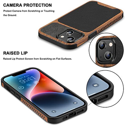 TENDLIN Magnetic Case Compatible with iPhone 14 Plus Case Wood Grain with Carbon Fiber Texture Design Leather Hybrid Slim Cover (Compatible with MagSafe) Black - color: Magnetic Black, size: iPhone 14 Plus