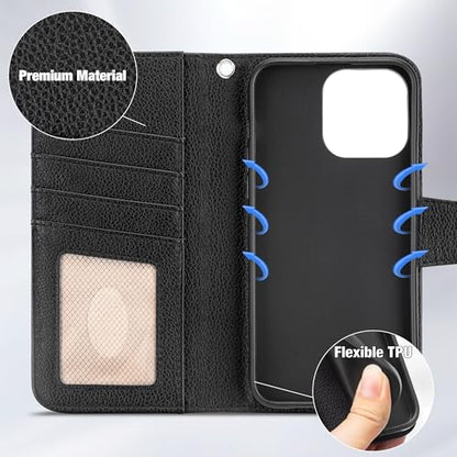 Arae Compatible with iPhone 15 Pro Max Case with Card Holder and Wrist Strap Wallet Flip Cover for iPhone 15 Pro Max 6.7 inch Men RFID Blocking Wristlet Kickstand,Litchi Black - color: Litchi Black, size: iPhone 15 Pro Max 6.7 inch