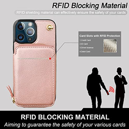 Bocasal Multi-Slot Crossbody Wallet Case for iPhone 12 Pro Max, Rose Gold | RFID Blocking PU Leather Purse Case with Card Holder, Handbag Flip Cover with Zipper Wrist Strap Lanyard for Women 6.7 Inch - color: Rose Gold