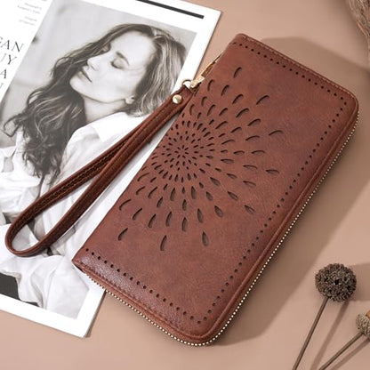 APHISON Wallet Women Large Capacity Clutch Purse For Ladies Card Holder RFID Wristlet Phone Zipper Coin Travel Pocket - color: 05-brown