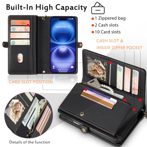 for Wallet Case Compatible with iPhone 16,Multi-Function Detachable 2 in 1 Magnetic iPhone 16 Case Wallet,Flip Strap Zipper Card Holder Phone Case with Shoulder Straps (Black) - color: Black, size: iPhone 16