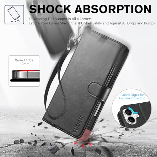 TUCCH Wallet Case with Wrist Strap for iPhone 16 (6.1") 2024, Black | 4 Card Holders, RFID Blocking, Viewing Stand, Shockproof TPU Shell, PU Leather, Magnetic Closure, Folio Flip Cover - color: Strap - Black