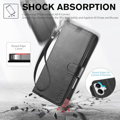 TUCCH Wallet Case with Wrist Strap for iPhone 16 (6.1") 2024, Black | 4 Card Holders, RFID Blocking, Viewing Stand, Shockproof TPU Shell, PU Leather, Magnetic Closure, Folio Flip Cover - color: Strap - Black