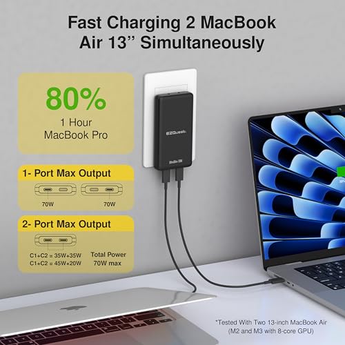 UltraSlim 70W GaN II Dual USB-C PD Wall Charger - Compact Flat Plug Adapter with Foldable Design, Intelligent Power Allocation & Fast Charging for Laptops & Phones - Black - color: Black