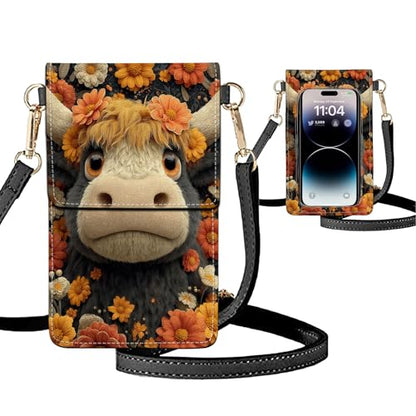 Small Crossbody Bags for Women Touchscreen Cell Phone Bag Cross Body Purses with adjustable Strap,Gifts For Teenage Girls - color: Cute Floral Highland Cow