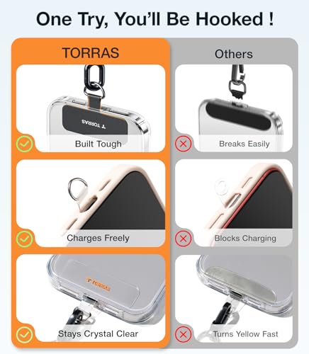 TORRAS 2-Pack Phone Tether Tab [0.48mm Thin] [20lbs Capacity] Anti Yellowing Phone Patch for iPhone, Android and Samsung, Universal Lanyard Tab for Full Coverage Cases (Black & Clear)