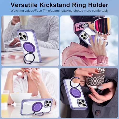 Clear Case for iPhone 15 Pro with Magnetic 360 Rotatable Ring Stand | Military Grade Heavy Duty Cover with 360 Rotatable Ring Kickstand -260417 - color: Clear Purple, size: iPhone 15 Pro