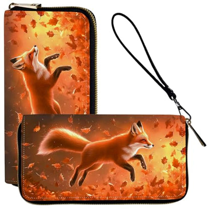 Ladies Wallet,Clutch Purses for Women Wallets Leather Credit Card Holder for Women Wristlet Slim Small Cute with Zipper,Thin RFID Blocking with Wrist Strap,Cute Fox Leaf - color: Cute Fox Leaf