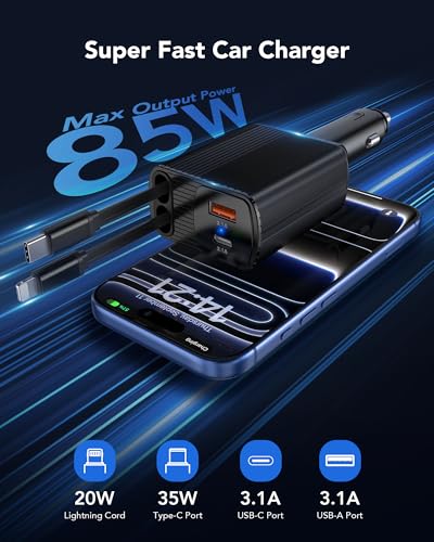 Retractable Car Charger, 85W Phone Charger for Car 4-in-1 Fast Charge - color: Black