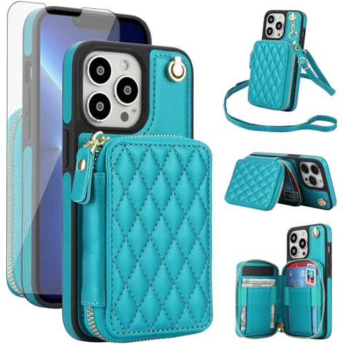 Phone Case for iPhone 14 Pro 6.1 inch Wallet Cell Cover with Tempered Glass Screen Protector Wrist Crossbody Strap RFID Blocking Card Holder iPhone14Pro 5G i i-Phone i14 iPhone14 4 14Pro Women Green - color: Green