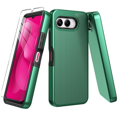 for T-Mobile REVVL 8 Phone Case with Tempered Glass Screen Protector,Dual Layer Heavy Duty Shockproof Protection Cover (Dark Green) - color: Dark Green