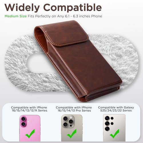 Holster for iPhone 17, 17 Pro, 16, 16 Pro, 15, 15 Pro, 14, 14 Pro, 13, 13 Pro, 12, Galaxy S26, S25, S24, Premium Leather Pouch with Belt Clip Phone Holster Belt Case, Coffee -M - color: Coffee, size: Medium