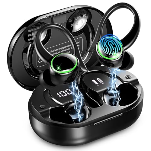 Wireless Earbuds, 2026 Bluetooth 5.4 Headphones Sports, 50 Playback Over-Ear buds with ENC Noise Cancelling Mics, Deep Bass Fitness Earphones Gym Running Workout, IP7 Headset with Earhook, LED Display - color: Shiny Black