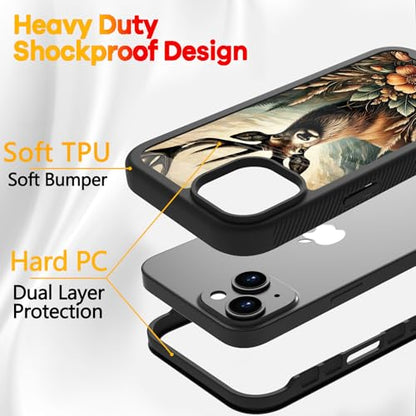 Compatible with iPhone 14 / iPhone 13 Case – Rugged Full-Body Protective Cover for Women Men Dual Layer Shockproof Bumper, Heavy-Duty Phone Case - Deer Flower Mountain 096 - color: Deer Flower Mountain 096