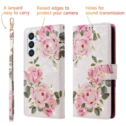 UEEBAI Wallet Case for Samsung Galaxy A16 4G/5G, PU Leather Phone Cover Kickstand RFID Blocking Flip Case Card Slots Wrist Strap Relief Engraved Pattern Magnetic Closure Folio Cover - White Rose - color: White Rose, size: Samsung Galaxy A16 4G/5G