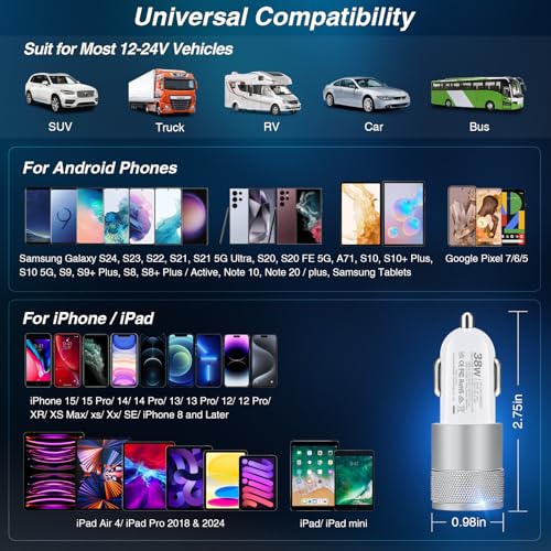 Car Charger, 2 Pack 38W Dual-Port USB-C & USB-A Cigarette Lighter Adapter - color: 2-Pack White