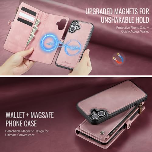 Defencase for iPhone 17 Phone Case Wallet Compatible with Magsafe, Rosepink | Magnetic Detachable, Drop-Proof Protective Wallet Cases Cover, with RFID Bolcking Card Holder, Zipper Strap, Soft PU Leather - color: (Detachable with Magsafe)-Pink