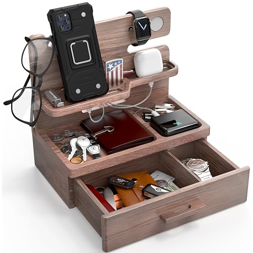 BarvA Phone Docking Station with Drawer Organizer | Night Stand Desk Charging Station | Upgraded Nightstand Organizer | Dresser Smart Watch Earbuds Phone Stand | Room Decor Gifts for Women Men Mom