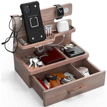 BarvA Phone Docking Station with Drawer Organizer | Night Stand Desk Charging Station | Upgraded Nightstand Organizer | Dresser Smart Watch Earbuds Phone Stand | Room Decor Gifts for Women Men Mom
