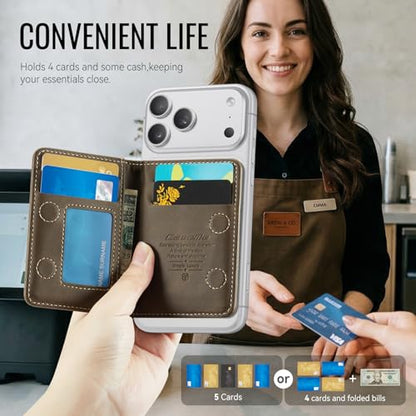 Magnetic Wallet Card Holder with RFID Protection, PU Leather Slim Wallet, Strong Magnet Attachment for iPhone 18/17/16/15/14/13/12 Series Pro Max Plus Mini-Brown - color: Brown