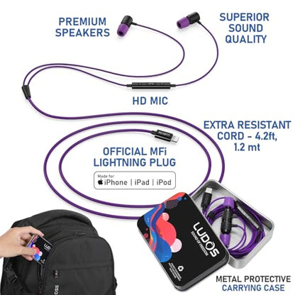 LUDOS Ultra iPhone Wired Headphones Earbuds Earphones with Lightning Connector Apple MFi Certified, 5 Years Warranty, for iPhone 14 13 12 11 Pro Max X XS XR 8 7 Plus with Microphone Control - Purple - color: Purple, style: Lightning