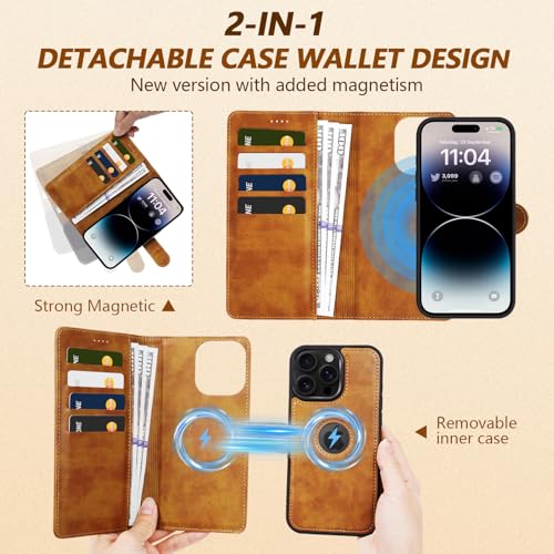 2 in 1 PU Leather for iPhone 14 Pro Max Case, Detachable Wallet Case with Card Holder, Removable Flip Folio Cover with RFID Blocking, Stand Shockproof Phone Cover（Compatible with MagSafe） Brown - color: Brown, size: Iphone 14 pro max