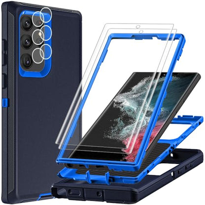 for Samsung Galaxy S22 Ultra Case with 2Pcs Self Healing Flexible TPU Screen Protector & Camera Lens Protector, 3 in 1 Heavy Duty Shockproof/Drop Proof/Dust Proof Case (Navy Blue) - color: Navy Blue