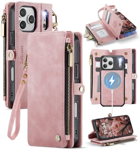 Defencase for iPhone 17 Pro Max Case Wallet Compatible with Magsafe, Pink | Drop-Proof Magnetic Detachable Phone Cases Cover, with RFID Bolcking Card Holder, Zipper Strap, PU Leather, Removable Wallet - color: (Detachable with Magsafe)-Pink