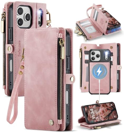 Defencase for iPhone 17 Pro Max Case Wallet Compatible with Magsafe, Pink | Drop-Proof Magnetic Detachable Phone Cases Cover, with RFID Bolcking Card Holder, Zipper Strap, PU Leather, Removable Wallet - color: (Detachable with Magsafe)-Pink
