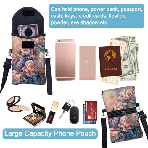 Neoprene Cell Phone Sleeve Pouch Case Bag with Crossbody Strap Neck Lanyard for Women 7.5 X 4.3 in Rich Flower - color: Rich Flowers