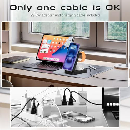 3 in 1 Wireless Charger Station for Multiple Apple Devices,Portable Magnetic Charging Foldable Stand for iPhone 16 15 14 13 12 11 ProMax/Airpods/Fast Travel Charger with MagSafe for Apple Watch Series