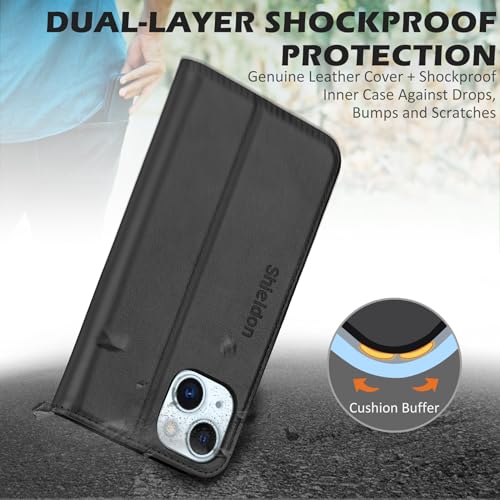 SHIELDON Genuine Leather Folio Wallet Case for iPhone 15 6.1" 2023, Black | Magnetic Closure, RFID Blocking, Credit Card Holder, Kickstand, Book Design, Soft Shockproof Phone Cover - color: Black