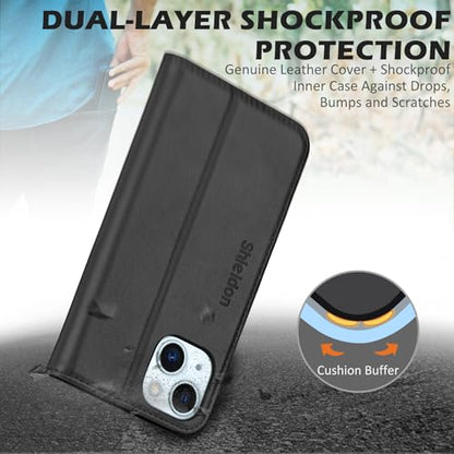 SHIELDON Genuine Leather Folio Wallet Case for iPhone 15 6.1" 2023, Black | Magnetic Closure, RFID Blocking, Credit Card Holder, Kickstand, Book Design, Soft Shockproof Phone Cover - color: Black