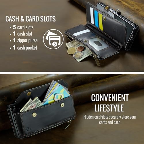 Strapurs Crossbody Wallet Case Compatible with Samsung Galaxy Z Fold 6 with RFID Blocking Card Holder & Pen Holder Slot Soft PU Leather Shoulder Strap Zipper Pocket Purse Fold 6 Phone Case, Black | RFID Blocking 5-Card Holder, Shoulder Lanyard, Wirst Stra