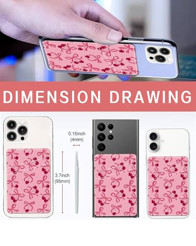Phone Card Holder Leather, Dual Pocket Phone Wallet Adhesive Stick On, Cute Phone Case Credit Card Holder, Suitable for Most of Phones Pink Cherry Bow